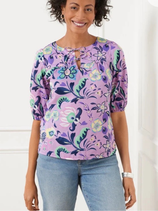 Talbots Tops - Talbots Lavender Floral Tie-Neck Blouse Short Sleeves Tie Front Top Jacobean SP